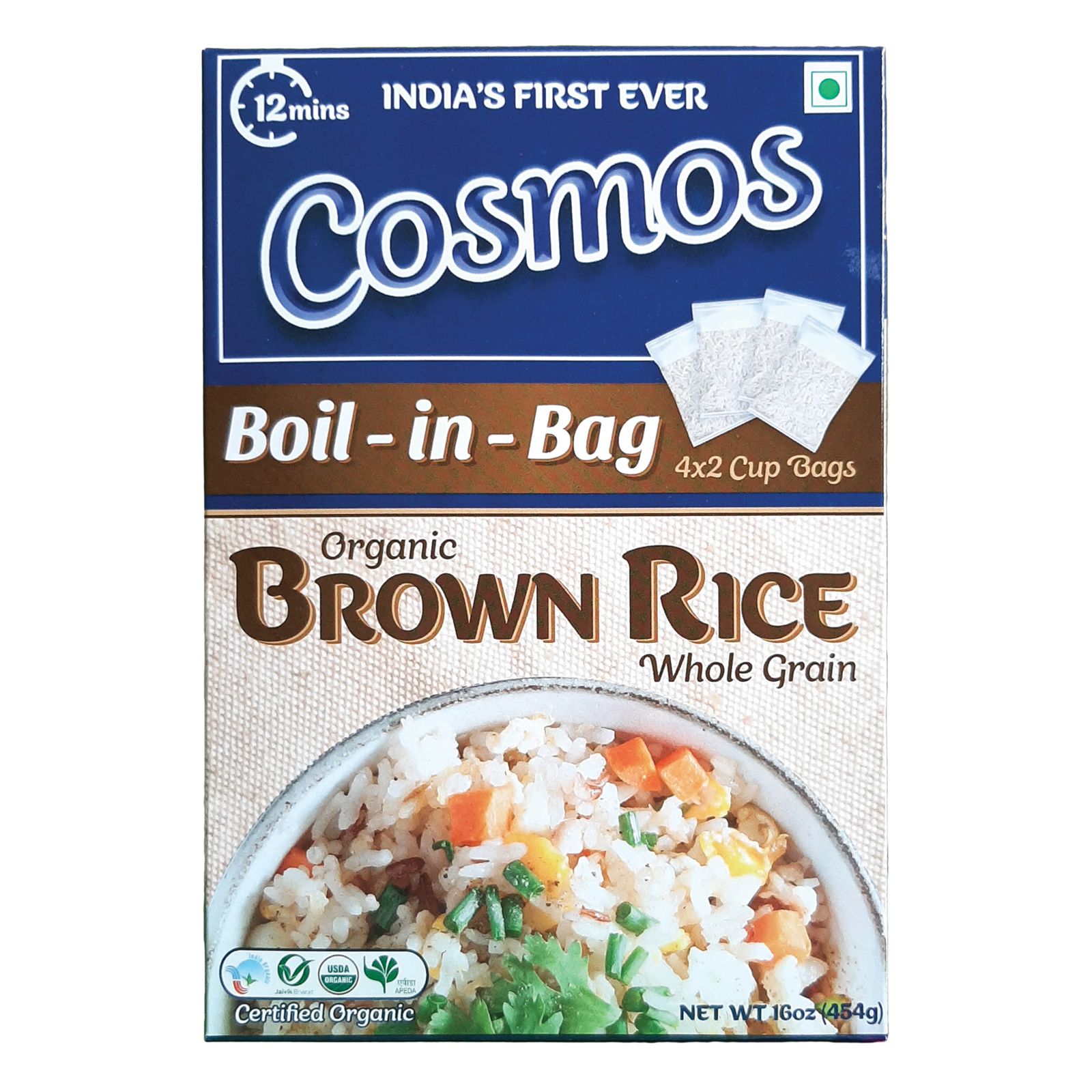 Cosmos Boil-in-Bag Organic Brown Rice (Pack of 2) Ready-to-Cook Sona Masoori Premium
