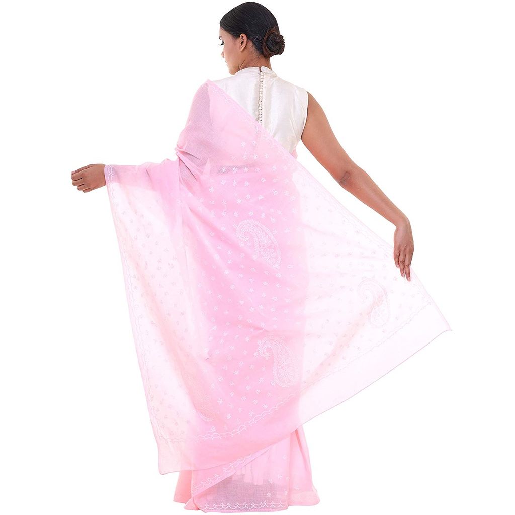 Lavangi Women Lucknow Chikankari Keel Work Pink Cotton Saree With Blouse
