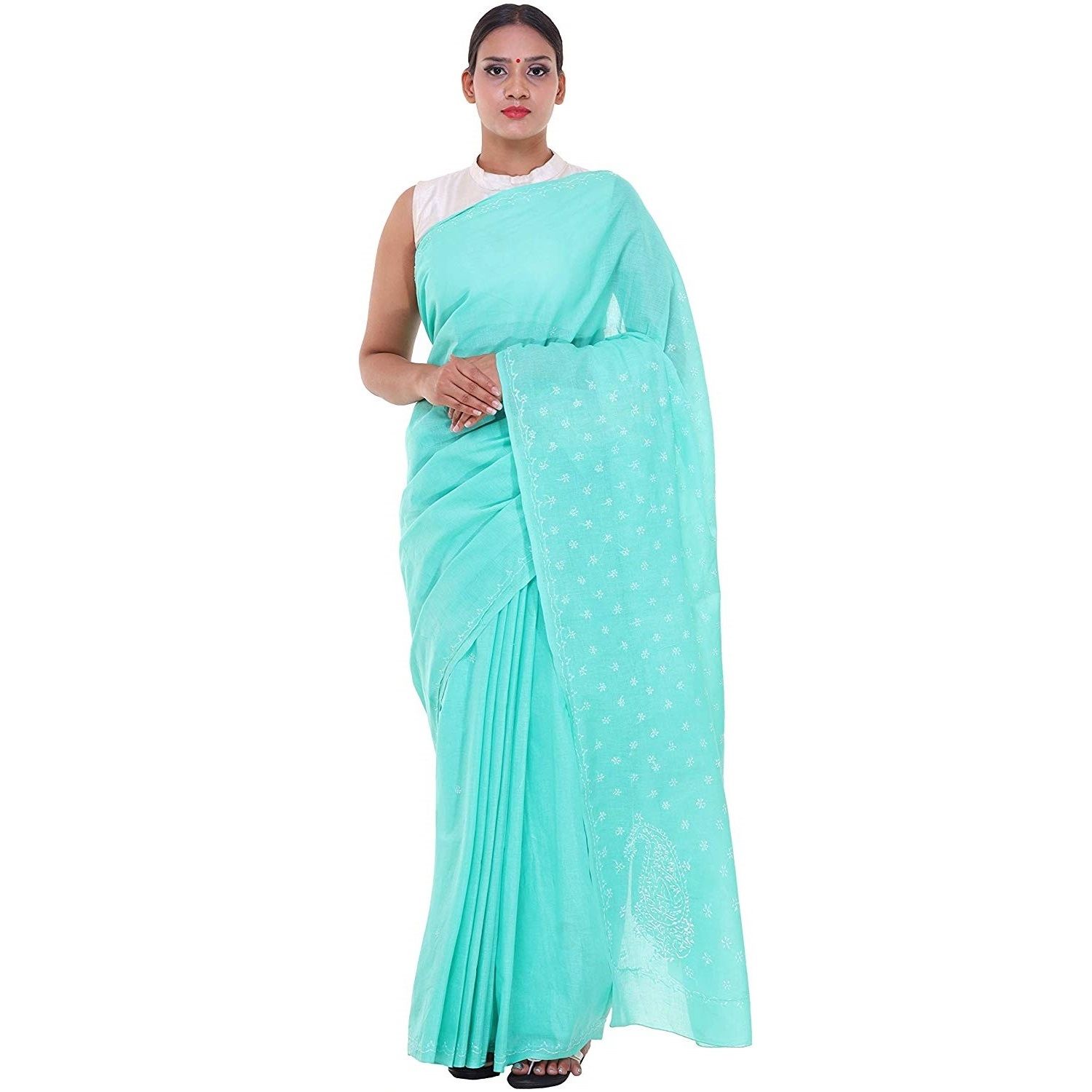 Lavangi Women Lucknow Chikankari Keel Work Sea Green Cotton Saree With Blouse