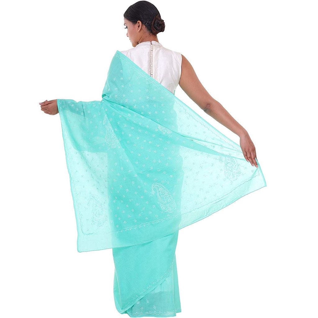 Lavangi Women Lucknow Chikankari Keel Work Sea Green Cotton Saree With Blouse