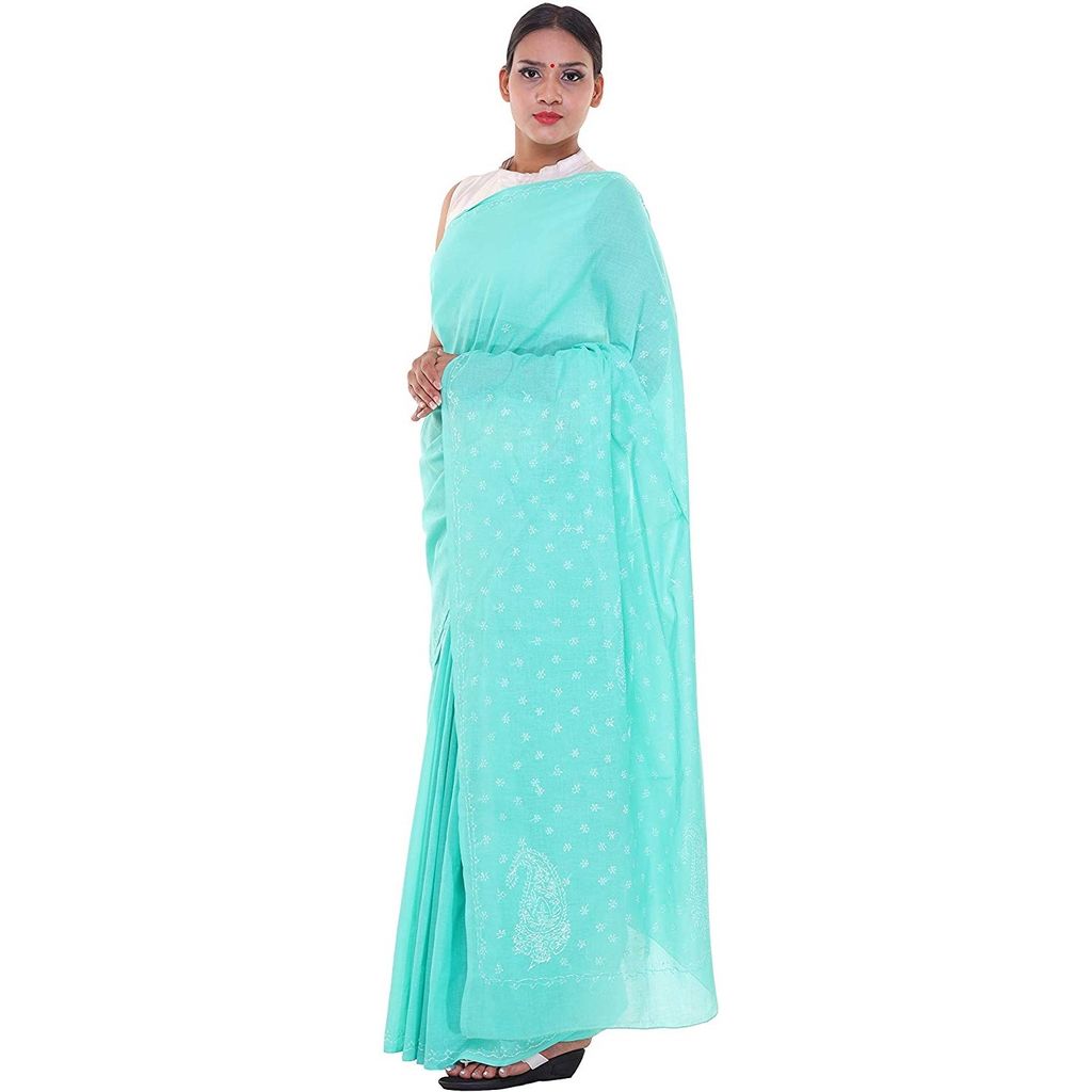 Lavangi Women Lucknow Chikankari Keel Work Sea Green Cotton Saree With Blouse