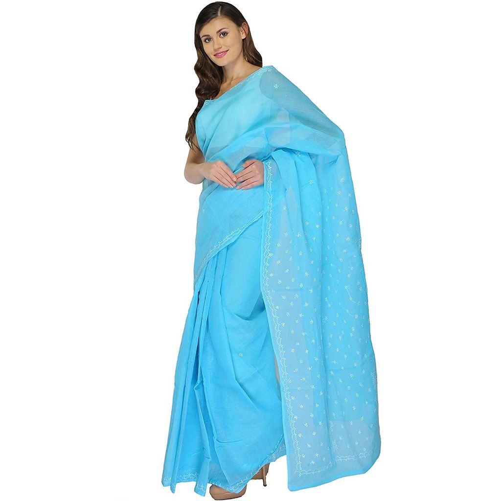 Lavangi Women Lucknow Chikankari Keel Work Sky Blue Cotton Saree With Blouse