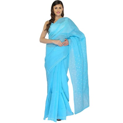 Lavangi Women Lucknow Chikankari Keel Work Sky Blue Cotton Saree With Blouse