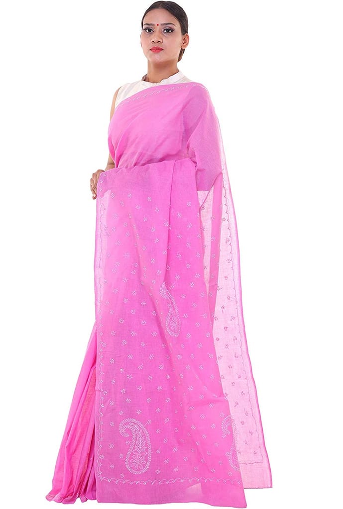 Lavangi Women Lucknow Chikankari Keel Work Onion Pink Cotton Saree With Blouse