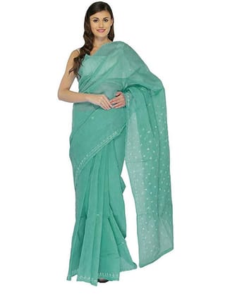 Lavangi Women Lucknow Chikankari Keel WorkTeal Green Cotton Saree With Blouse