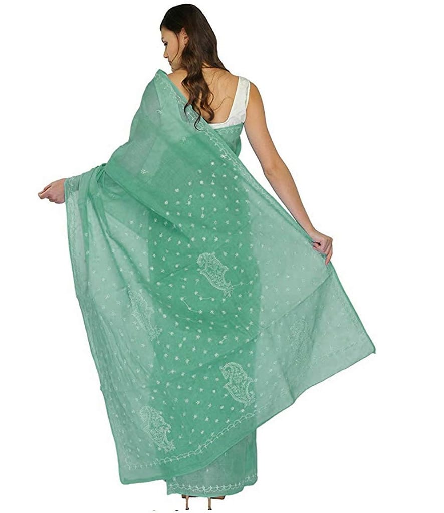 Lavangi Women Lucknow Chikankari Keel WorkTeal Green Cotton Saree With Blouse