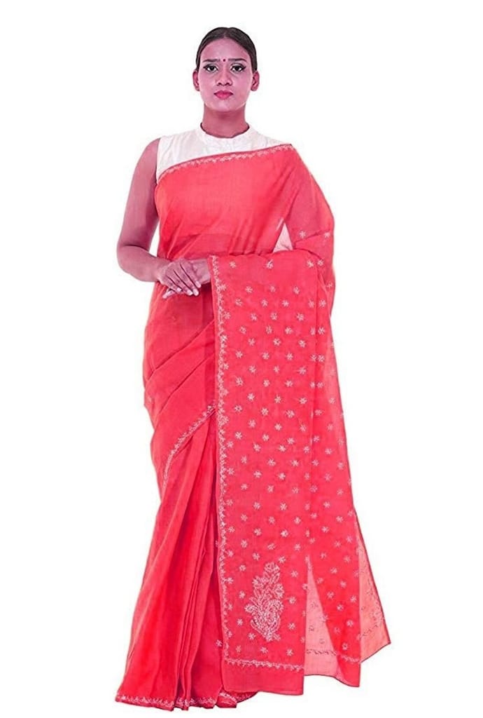 Lavangi Women Lucknow Chikankari Keel Work Gajari Cotton Saree With Blouse