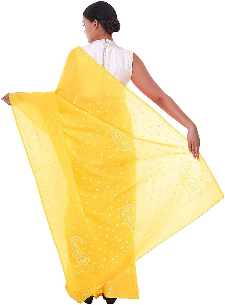 Lavangi Women Lucknow Chikankari Keel Work Yellow Cotton Saree With Blouse