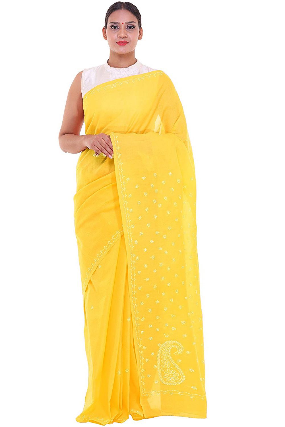 Lavangi Women Lucknow Chikankari Keel Work Yellow Cotton Saree With Blouse