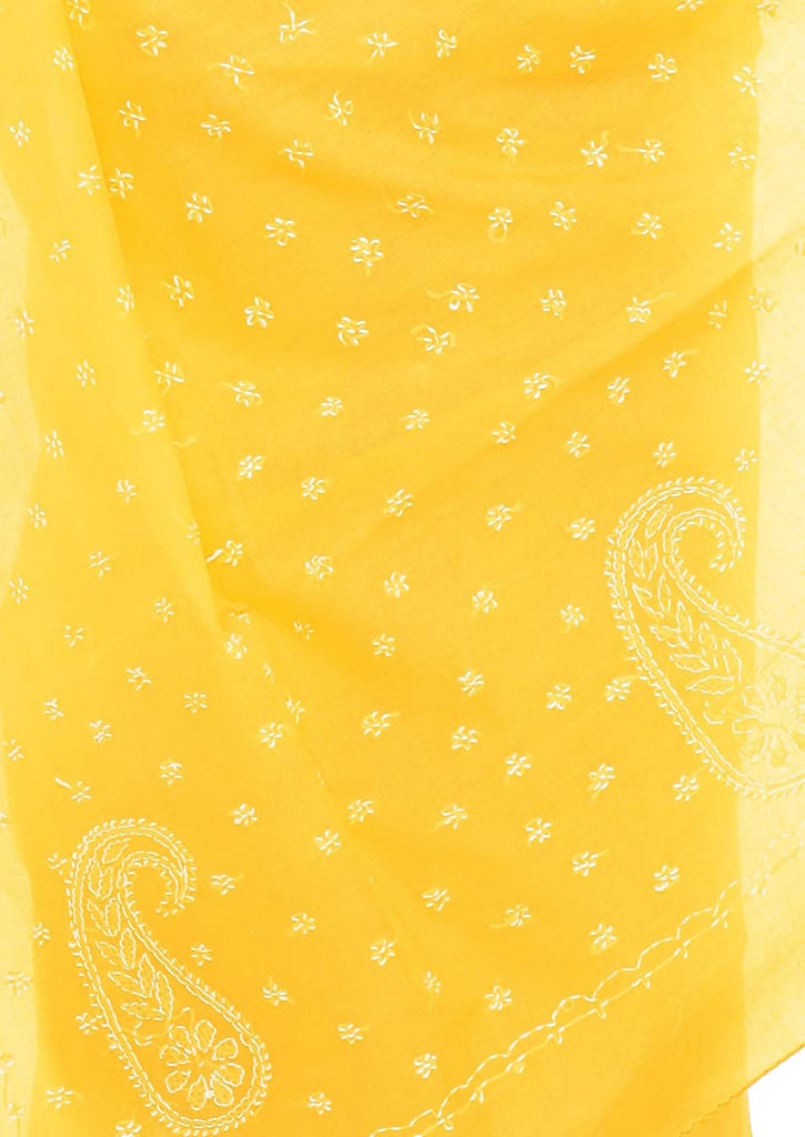 Lavangi Women Lucknow Chikankari Keel Work Yellow Cotton Saree With Blouse