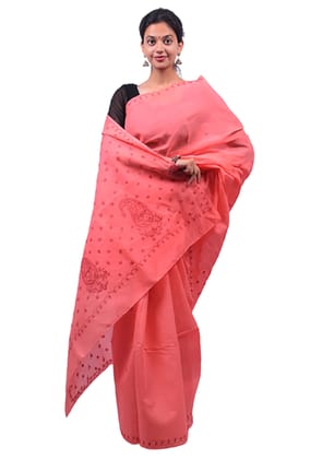 Lavangi Women Lucknow Chikankari Keel Work Peach with Maroon Thread Cotton Saree With Blouse