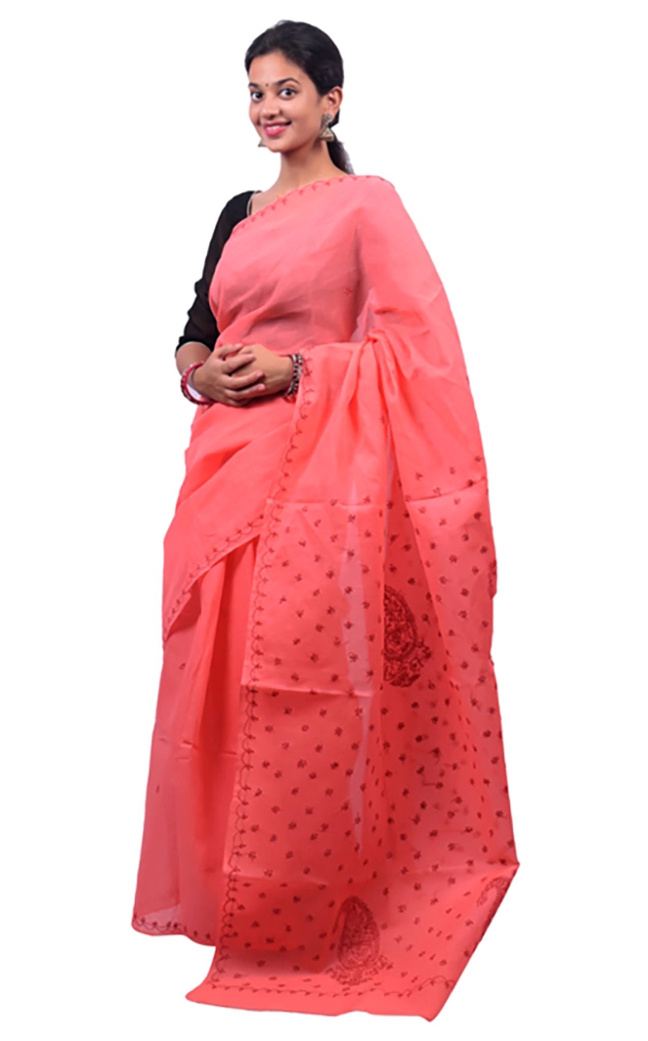 Lavangi Women Lucknow Chikankari Keel Work Peach with Maroon Thread Cotton Saree With Blouse