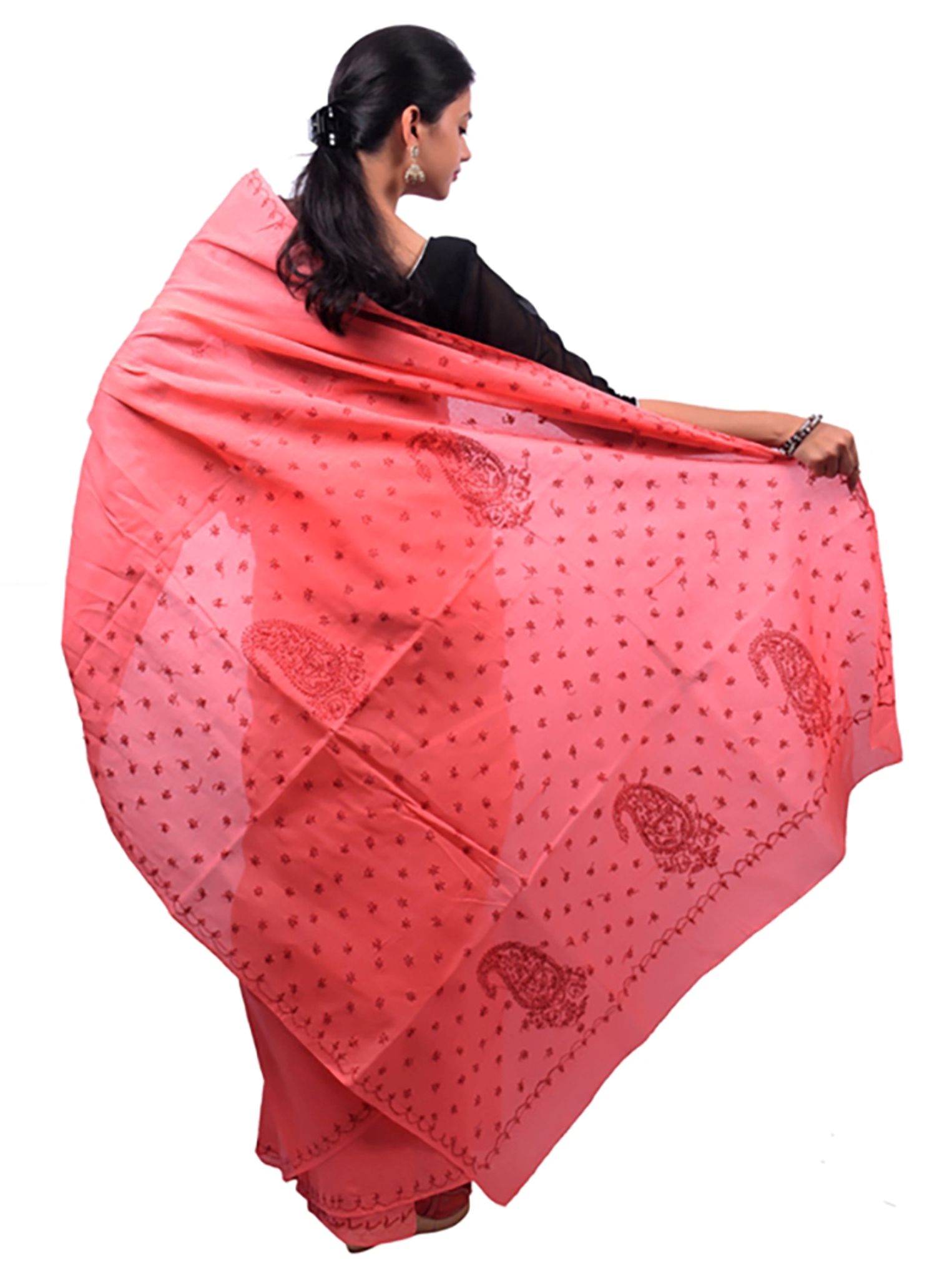 Lavangi Women Lucknow Chikankari Keel Work Peach with Maroon Thread Cotton Saree With Blouse