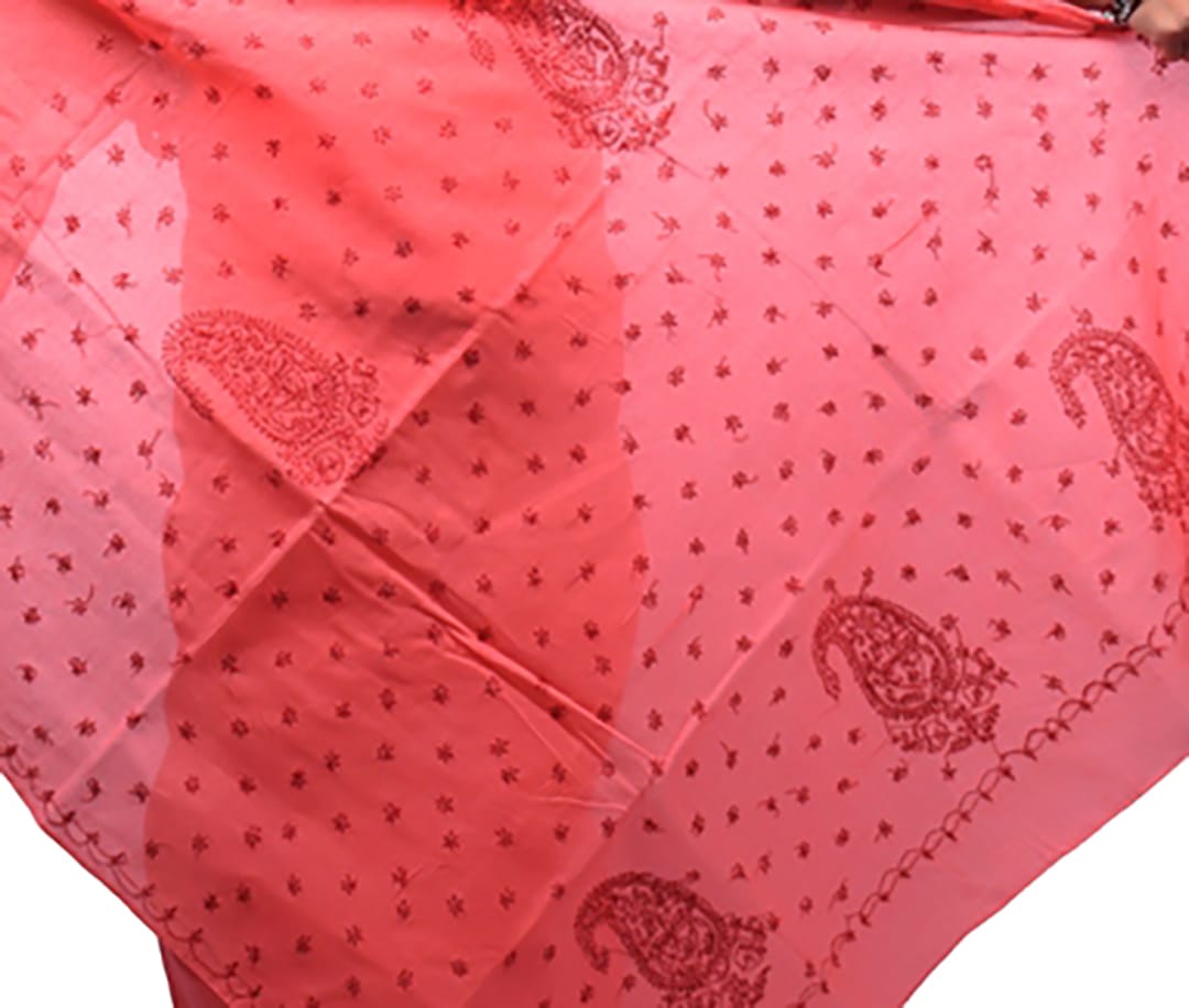 Lavangi Women Lucknow Chikankari Keel Work Peach with Maroon Thread Cotton Saree With Blouse