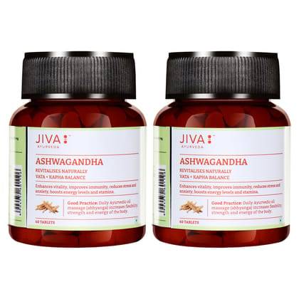 Jiva Ashwagandha Tablet, Effective in Hypertension Stress Fatigue & General Weakness, Enhances Immunity & Strength - 60 Tablets 500 mg Each Pack of 2