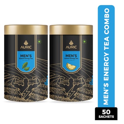 Auric Tea for Men's Energy with Pure Shilajit Resin to Boost Stamina & Sports Performance Ayurvedic Herbs such as Ashwagandha, Gokshura, Safed Musli Taste of Lemon & Elaichi 50 sachets