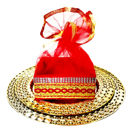 Omkar by R3 Inc. Royal Golden Gifting Set for Gifts Hampers | Designer Shagun Plate/Tray | Wedding Basket for gift/fruit Packing (Plate - Regular & Jumbo & Basket/Pack of 3)