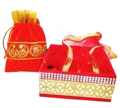 Omkar by R3 Inc. Royal Gift Basket & Shagun Potli Combo pack for Gifts Hampers | Fancy Gifting | Wedding Gifting|Shagun|Return Gift (Pack of 2 / Standard) Shagun Potli & Square Basket - Multi Color