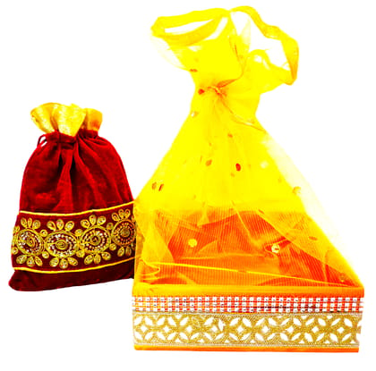 Omkar by R3 Inc. Royal Gift Basket & Shagun Potli Combo pack for Gifts Hampers | Fancy Gifting | Wedding Gifting|Shagun|Return Gift (Pack of 2 / Large) Shagun Potli & Square Basket - Multi Color