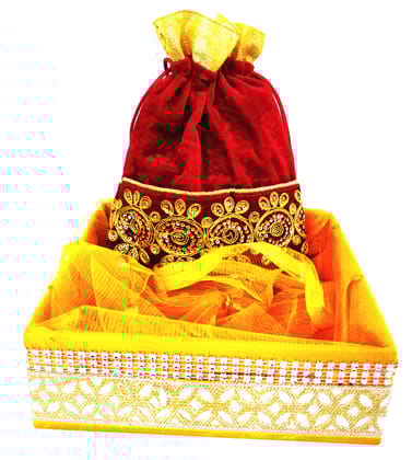 Omkar by R3 Inc. Royal Gift Basket & Shagun Potli Combo pack for Gifts Hampers | Fancy Gifting | Wedding Gifting|Shagun|Return Gift (Pack of 2 / Large) Shagun Potli & Square Basket - Multi Color