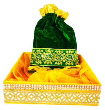 Omkar by R3 Inc. Royal Gift Basket & Shagun Potli Combo pack for Gifts Hampers | Fancy Gifting | Wedding Gifting|Shagun|Return Gift (Pack of 2 / Jumbo) Shagun Potli & Square Basket - Multi Color