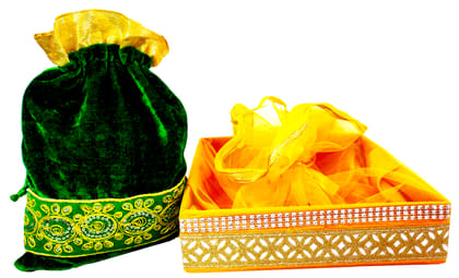 Omkar by R3 Inc. Royal Gift Basket & Shagun Potli Combo pack for Gifts Hampers | Fancy Gifting | Wedding Gifting|Shagun|Return Gift (Pack of 2 / Jumbo) Shagun Potli & Square Basket - Multi Color