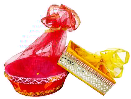 Omkar by R3 Inc. Royal Gift Basket for Gifts Hampers | Fancy Basket | Wedding Basket for gift | fruit Packing (Pack of 2 / Large) Square & Round Basket- Multi Color