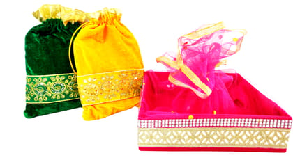 Omkar by R3 Inc. Royal Gift Basket & Shagun Potli Combo pack for Gifts Hampers | Fancy Gifting | Wedding Gifting|Shagun|Return Gift (Pack of 3 / Jumbo) Shagun Potli & Square Basket - Multi Color