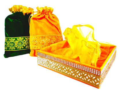 Omkar by R3 Inc. Royal Gift Basket & Shagun Potli Combo pack for Gifts Hampers | Fancy Gifting | Wedding Gifting|Shagun|Return Gift (Pack of 3 / Jumbo) Shagun Potli & Square Basket - Multi Color
