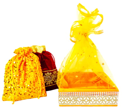Omkar by R3 Inc. Royal Gift Basket & Shagun Potli Combo pack for Gifts Hampers | Fancy Gifting | Wedding Gifting|Shagun|Return Gift (Pack of 3 / Large) Shagun Potli & Square Basket - Multi Color