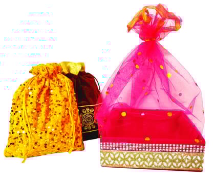 Omkar by R3 Inc. Royal Gift Basket & Shagun Potli Combo pack for Gifts Hampers | Fancy Gifting | Wedding Gifting|Shagun|Return Gift (Pack of 3 / Large) Shagun Potli & Square Basket - Multi Color