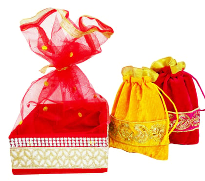 Omkar by R3 Inc. Royal Gift Basket & Shagun Potli Combo pack for Gifts Hampers | Fancy Gifting | Wedding Gifting|Shagun|Return Gift (Pack of 3 / Standard) Shagun Potli & Square Basket - Multi Color