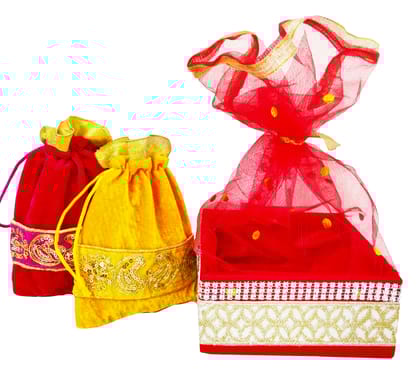 Omkar by R3 Inc. Royal Gift Basket & Shagun Potli Combo pack for Gifts Hampers | Fancy Gifting | Wedding Gifting|Shagun|Return Gift (Pack of 3 / Standard) Shagun Potli & Square Basket - Multi Color