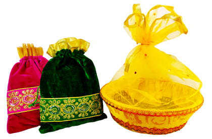 Omkar by R3 Inc. Royal Gift Basket & Shagun Potli Combo pack for Gifts Hampers | Fancy Gifting | Wedding Gifting|Shagun|Return Gift (Pack of 3 Jumbo) Shagun Potli & Round Basket - Multi Color