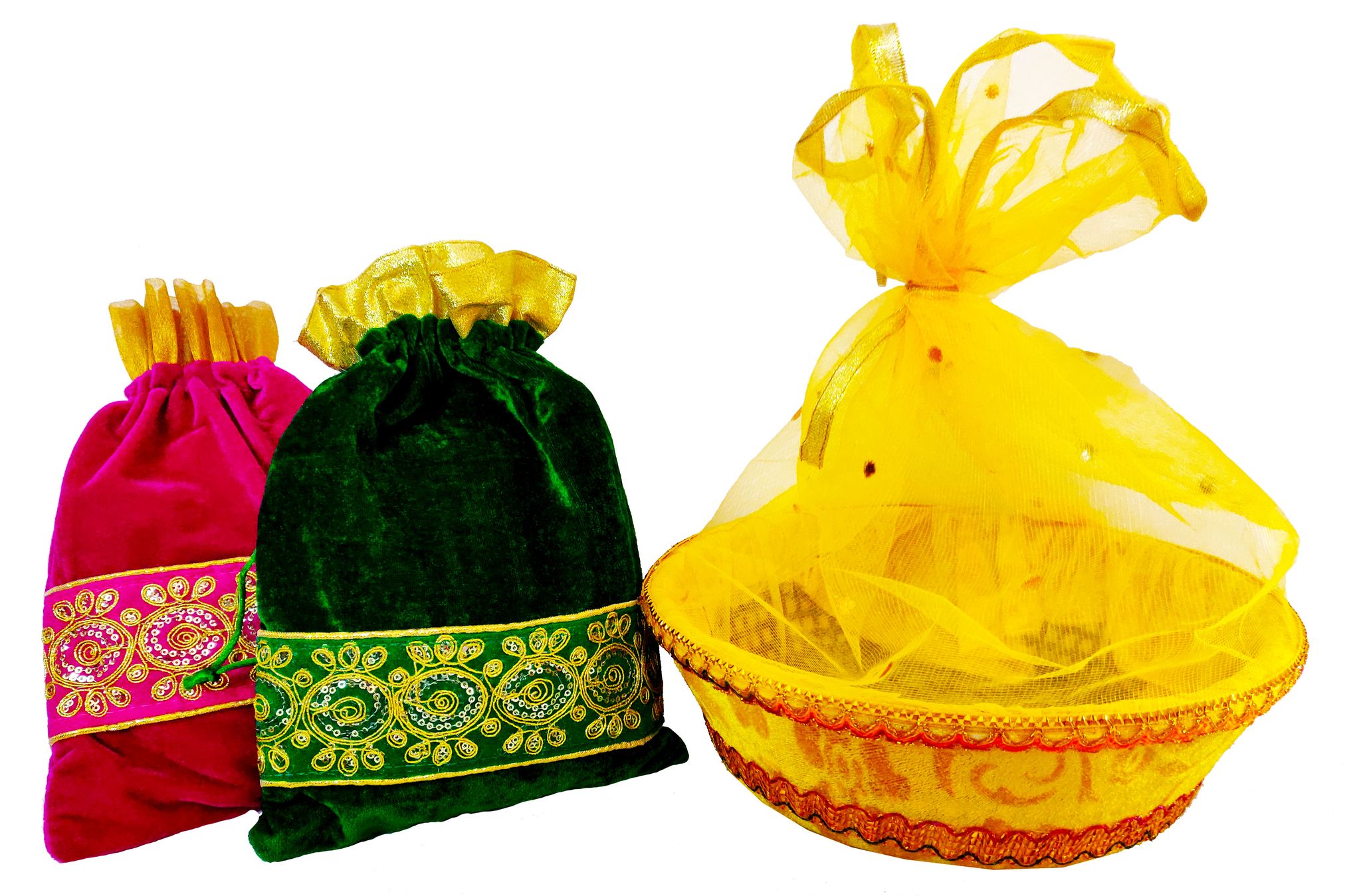 Omkar by R3 Inc. Royal Gift Basket & Shagun Potli Combo pack for Gifts Hampers | Fancy Gifting | Wedding Gifting|Shagun|Return Gift (Pack of 3 Jumbo) Shagun Potli & Round Basket - Multi Color