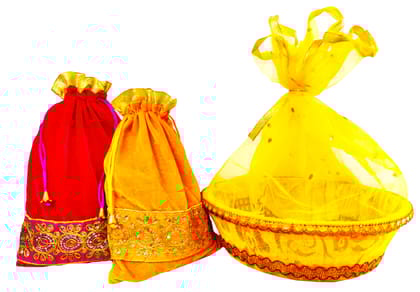 Omkar by R3 Inc. Royal Gift Basket & Shagun Potli Combo pack for Gifts Hampers | Fancy Gifting | Wedding Gifting|Shagun|Return Gift (Pack of 3 Jumbo) Shagun Potli & Round Basket - Multi Color