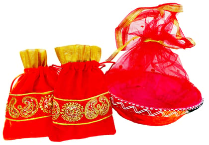 Omkar by R3 Inc. Royal Gift Basket & Shagun Potli Combo pack for Gifts Hampers | Fancy Gifting | Wedding Gifting|Shagun|Return Gift (Pack of 3 Standard) Shagun Potli & Round Basket - Multi Color