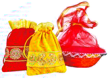 Omkar by R3 Inc. Royal Gift Basket & Shagun Potli Combo pack for Gifts Hampers | Fancy Gifting | Wedding Gifting|Shagun|Return Gift (Pack of 3 Standard) Shagun Potli & Round Basket - Multi Color