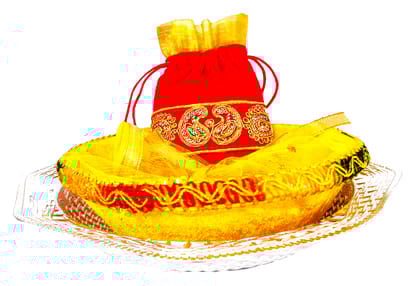 Omkar by R3 Inc. Royal Gift Basket & Shagun Potli Combo pack for Gifts Hampers | Fancy Gifting | Wedding Gifting|Shagun|Return Gift (Pack of 3) Shagun Potli, Silver & Round Basket - Multi Color