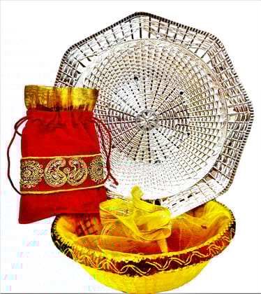 Omkar by R3 Inc. Royal Gift Basket & Shagun Potli Combo pack for Gifts Hampers | Fancy Gifting | Wedding Gifting|Shagun|Return Gift (Pack of 3) Shagun Potli, Silver & Round Basket - Multi Color