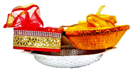 Omkar by R3 Inc. Royal Gift Basket for Gifts Hampers | Fancy Basket | Wedding Basket for gift|fruit Packing (Pack of 3) Silver, Square & Round - Multi Color