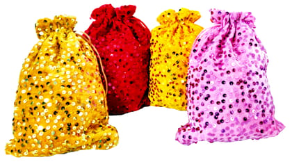 Omkar by R3 Inc. Sequence Gift Pouch/Shagun Potli Multicolor (Pack of 4) 25x18 Cm