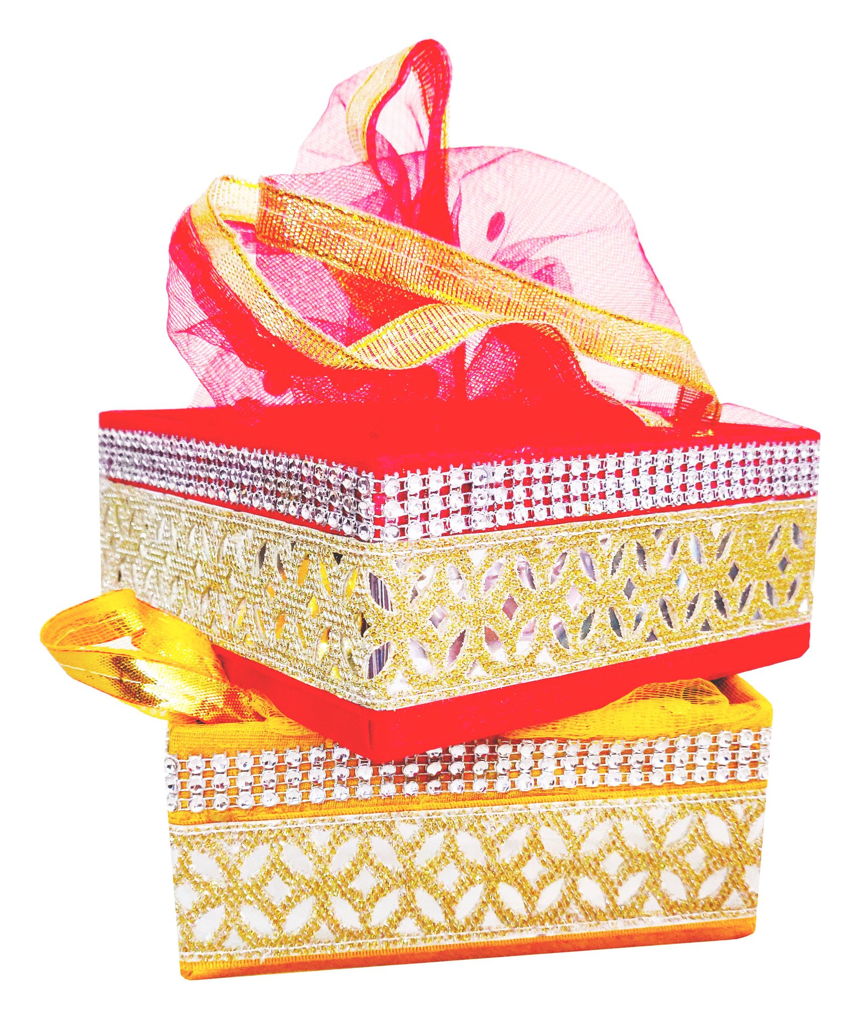 Omkar by R3 Inc. Square Gift Fancy Decorative basket for Gifts Hampers | Premium Storage Basket, Baby Shower Gift| Wedding Basket Packing |Dryfruit Basket | (Multicolor Pack of 2) 15x15 Cm