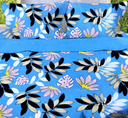 Omkar by R3 Inc. 250 TC Floral Print Heavy King Size Bed Sheet with Pillow Cover -Set of 3 Pcs (Blue Floral)