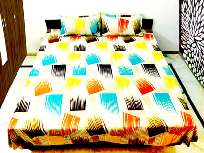 Omkar by R3 Inc. 250 TC Print Heavy Cotton Satin Double Bed Sheet with Pillow Covers - Yellow