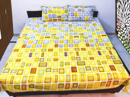 Omkar by R3 Inc. 250 TC Geometric Print Heavy Cotton Satin Double Bed Sheet with Pillow Cover Yellow