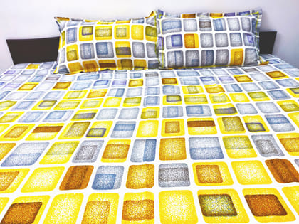 Omkar by R3 Inc. 250 TC Geometric Print Heavy Cotton Satin Double Bed Sheet with Pillow Cover Yellow