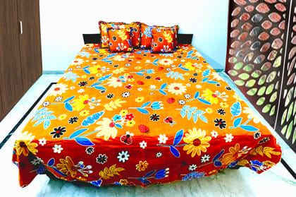 Omkar by R3 Inc. 250 TC Floral Print Heavy Cotton Satin Double Bed Sheet with Pillow Cover & 2 Filled Cushion -Set of 5 Pcs / Bed in a Bag