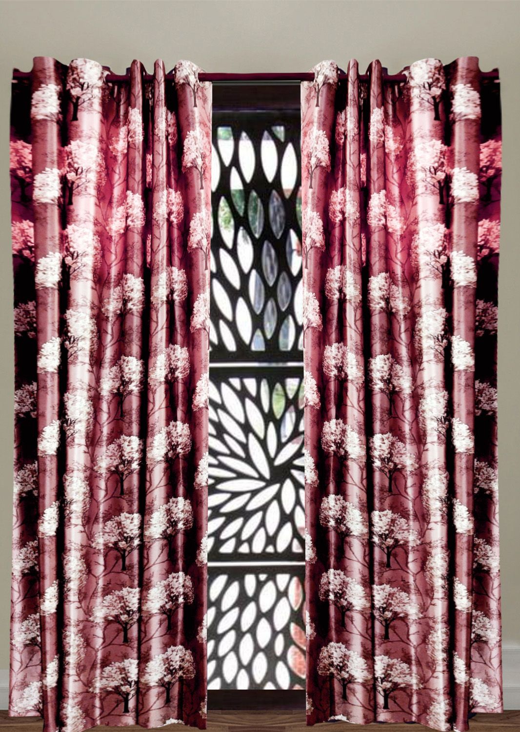 Omkar by R3 Inc. Thick Blackout 9 feet Door Eyelet Curtain I Block Sunlight I Room Darkening, Wrinkle Free, Noise Reduction, Fade Resistant, Balance Temperature Set of 2 Curtains (Tree Curtain Coral)