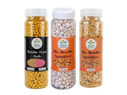 - Pack of 3 7 Size Metallic White Pearl Ball Gold Pearls Metallic Balls Dragees 4 mm Size & Mix Metallic Sprinkles Gold 150 gm each Candy Sprinkles Mix